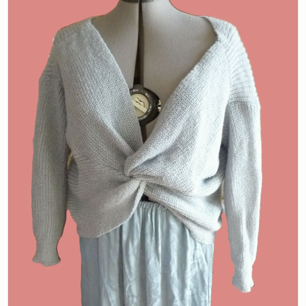 Soft fuzzy mohair blend rib knit cropped sweater  wrap knot draped  front S-L